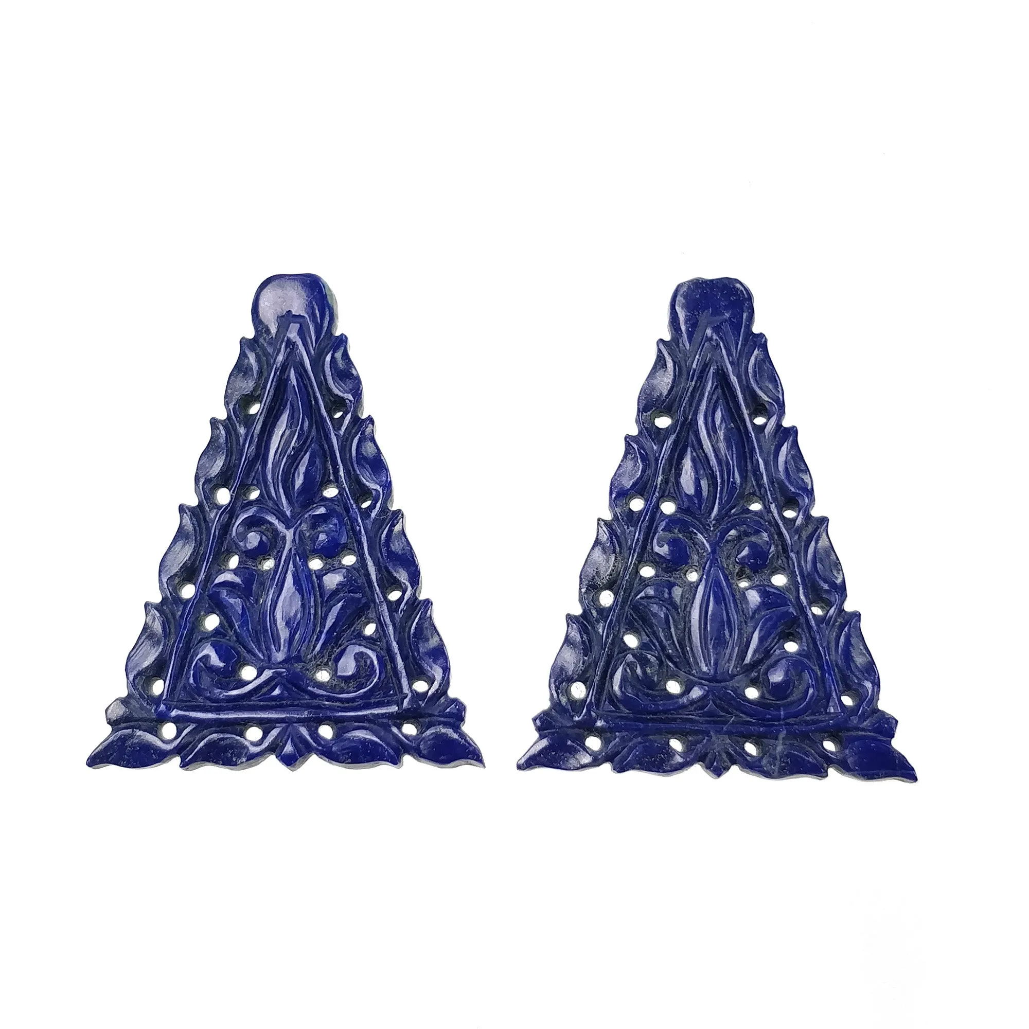 LAPIS LAZULI Gemstone Carving : 41.50cts Natural Untreated Blue Lapis Hand Carved Triangle Shape 36*27mm Pair