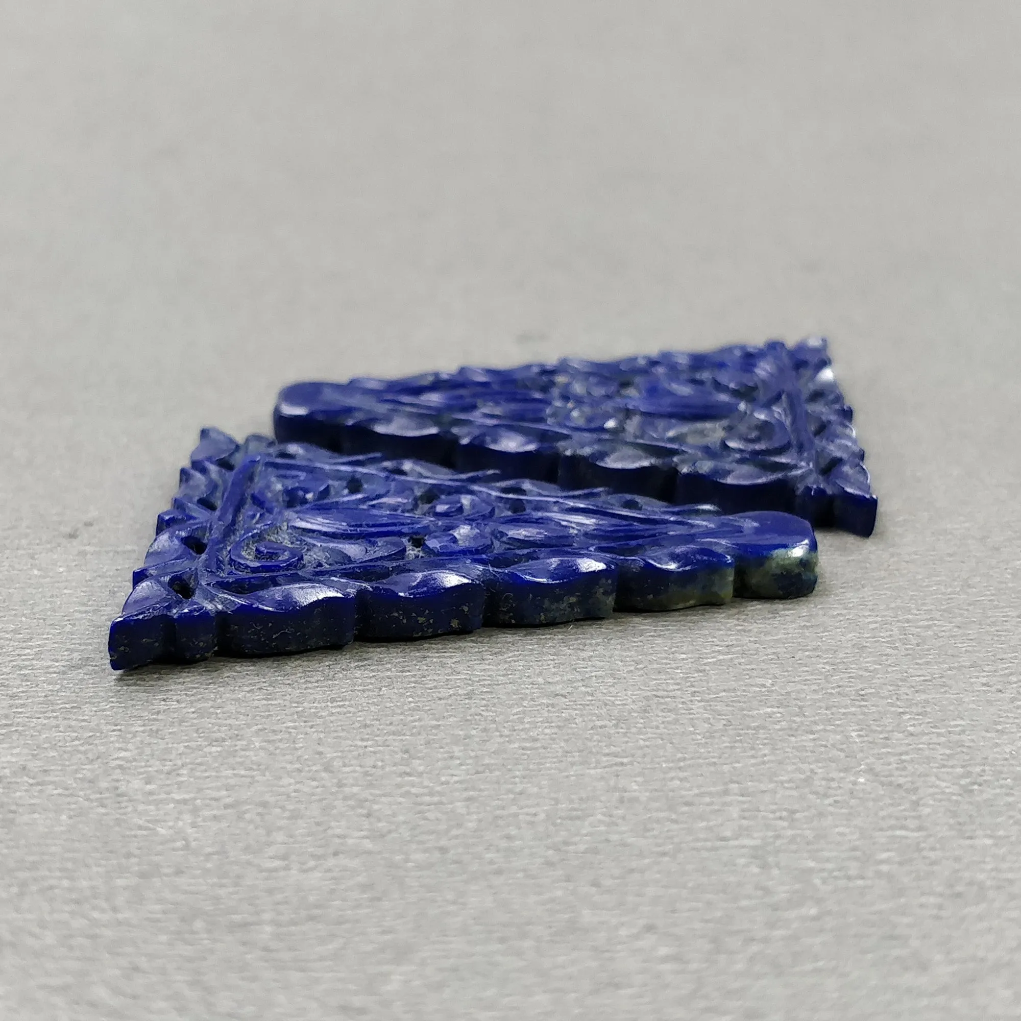 LAPIS LAZULI Gemstone Carving : 41.50cts Natural Untreated Blue Lapis Hand Carved Triangle Shape 36*27mm Pair