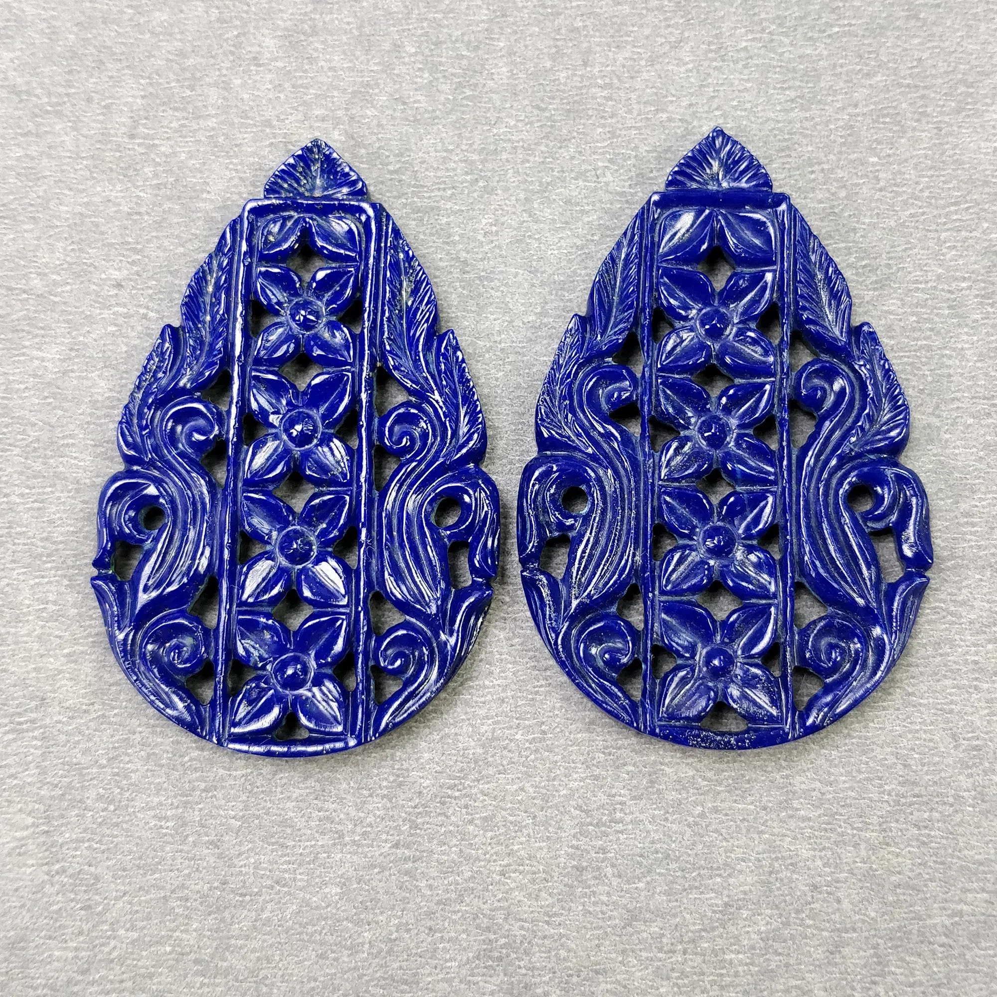 LAPIS LAZULI Gemstone Carving : 91.00cts Natural Untreated Blue Lapis Hand Carved Pear Shape 51*33mm Pair