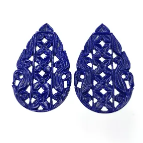 LAPIS LAZULI Gemstone Carving : 91.00cts Natural Untreated Blue Lapis Hand Carved Pear Shape 51*33mm Pair