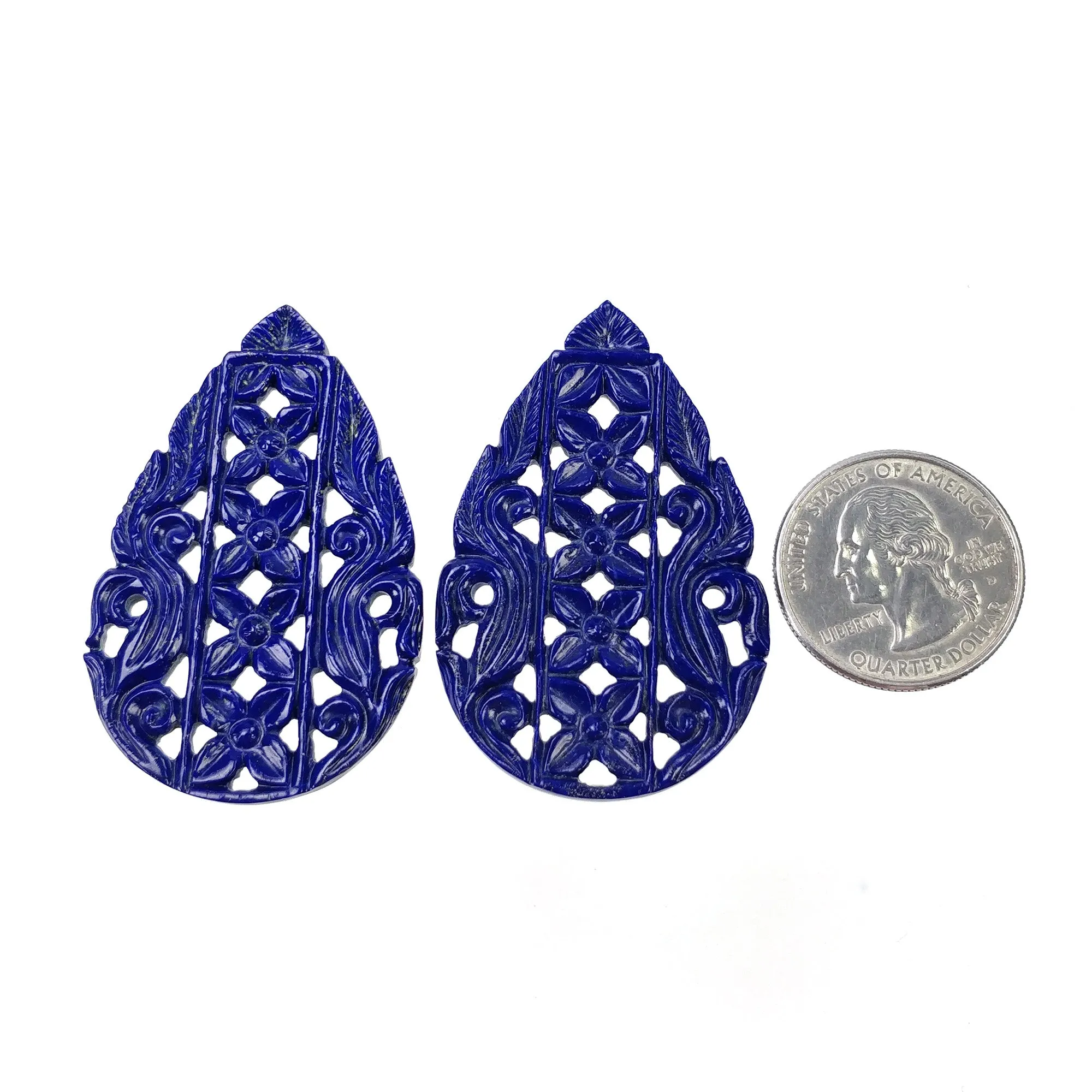 LAPIS LAZULI Gemstone Carving : 91.00cts Natural Untreated Blue Lapis Hand Carved Pear Shape 51*33mm Pair