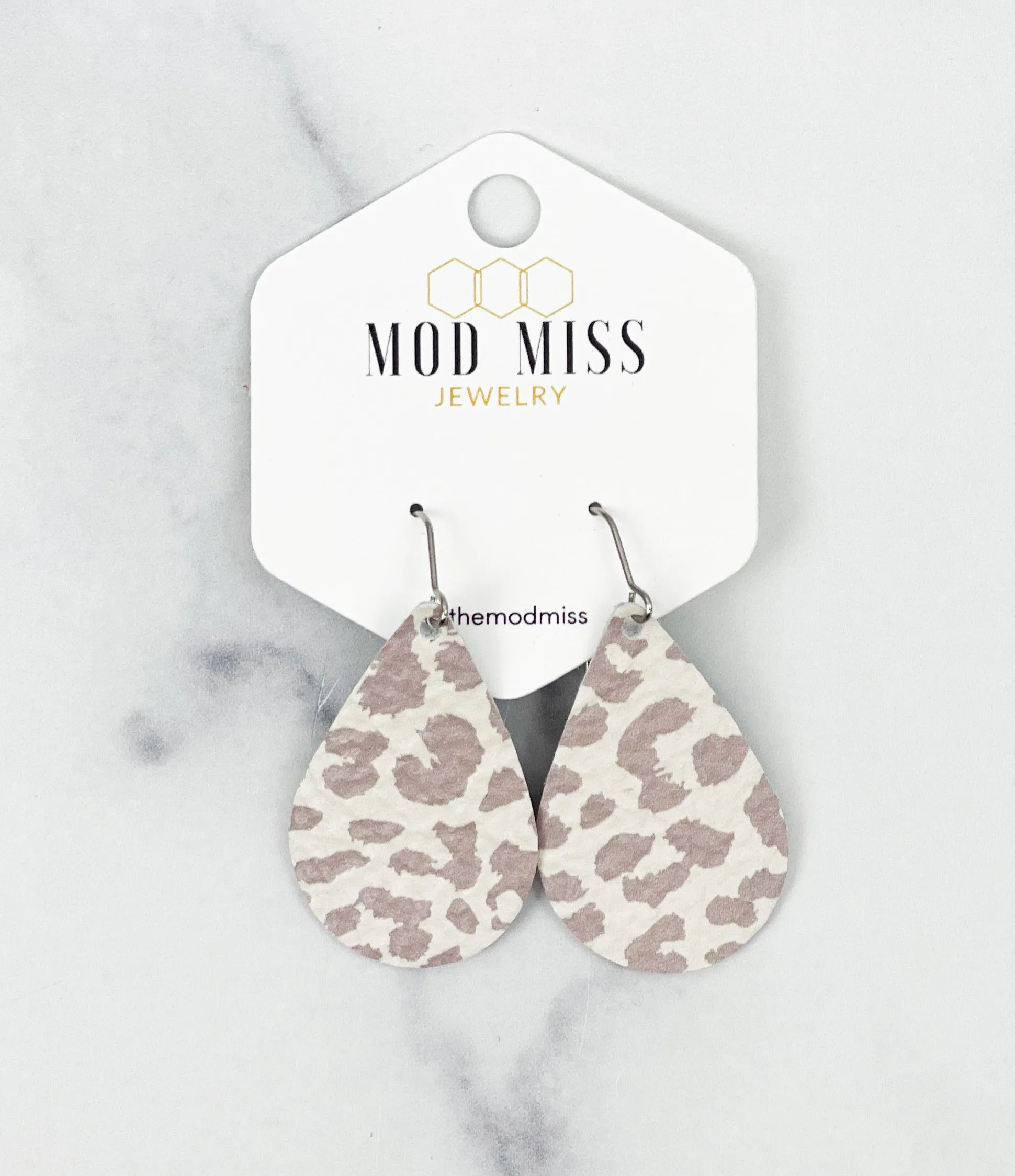 Leather Teardrop Earring Leopard Nude