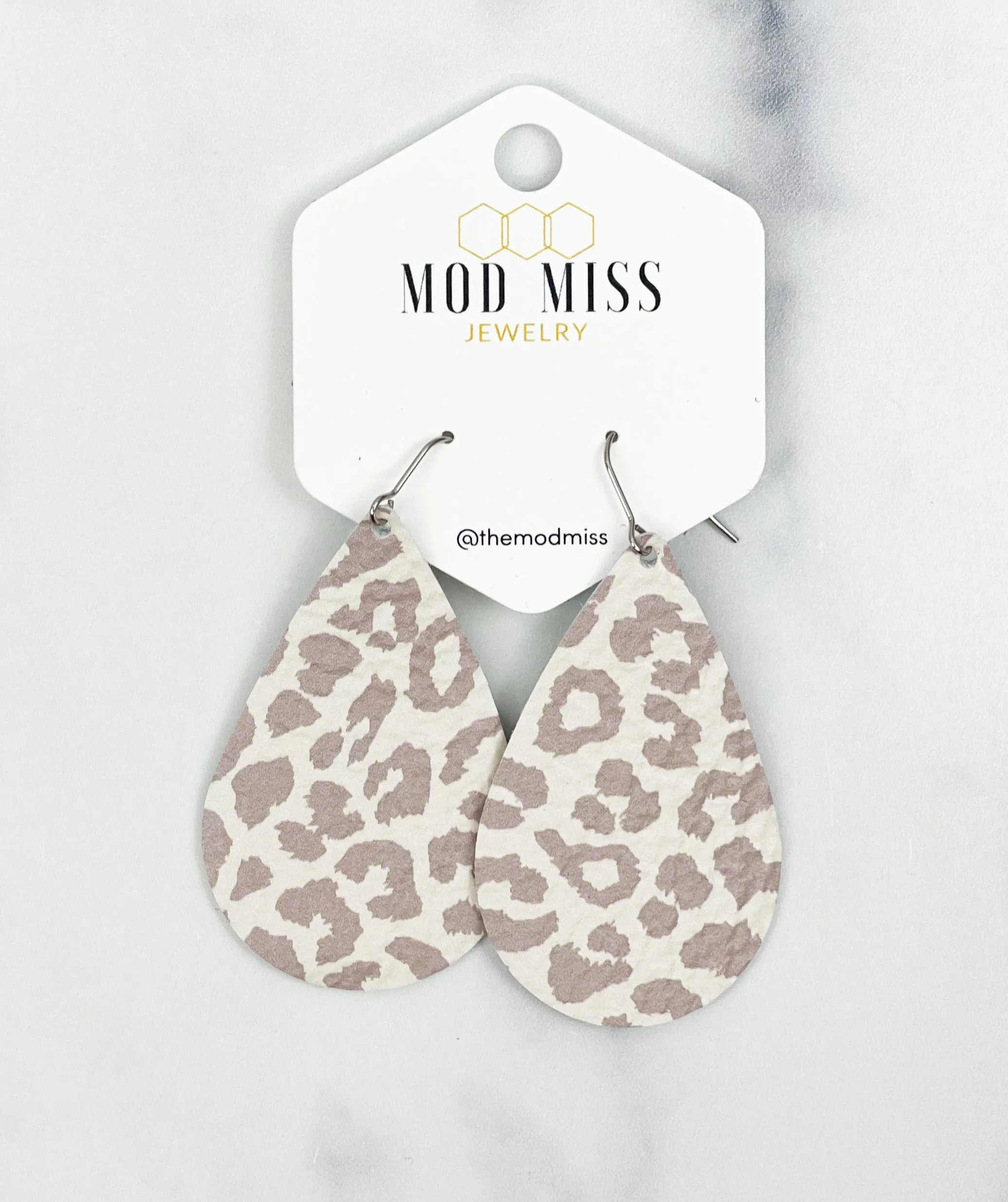 Leather Teardrop Earring Leopard Nude