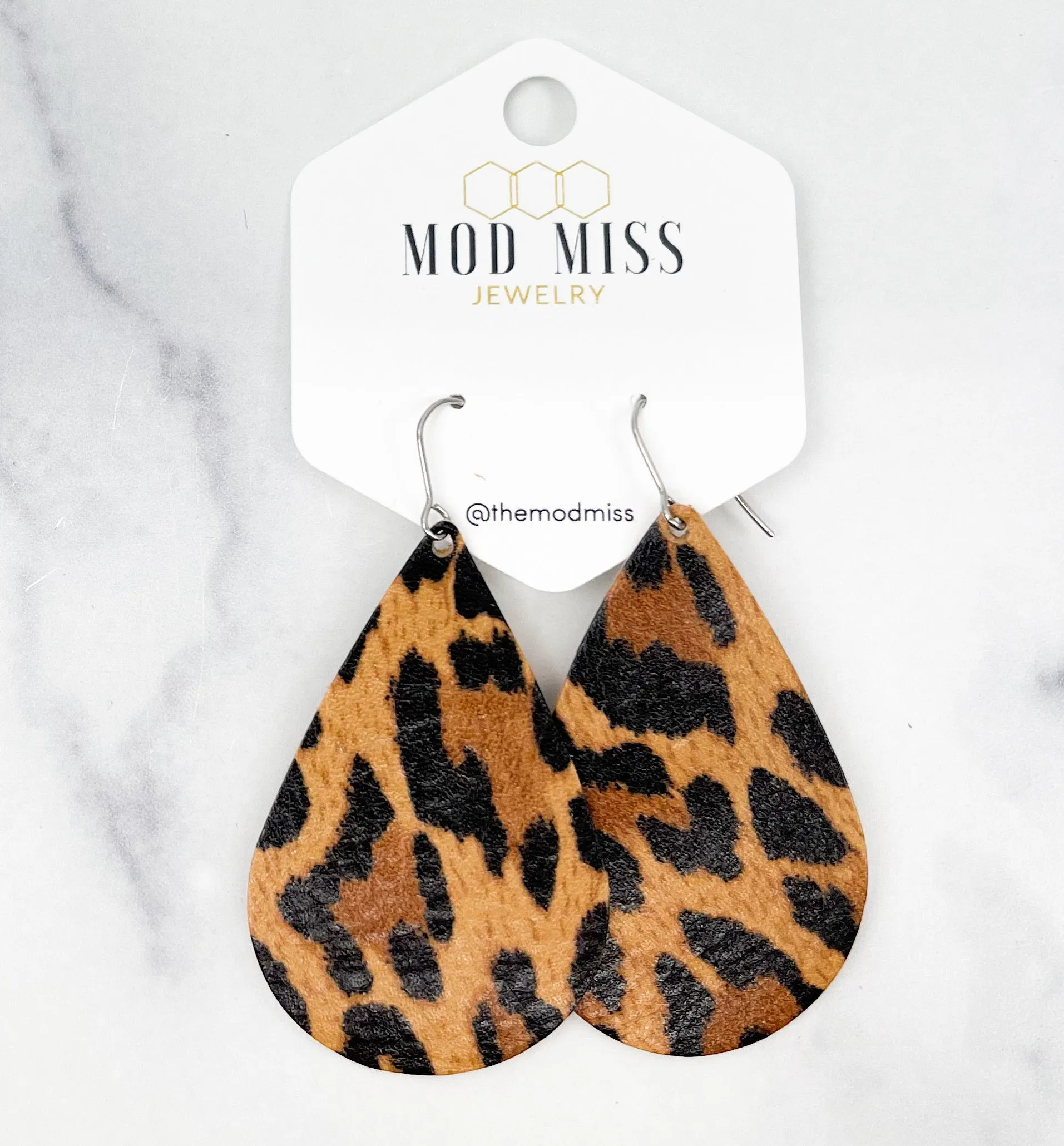 Leather Teardrop Earring Leopard Tawny