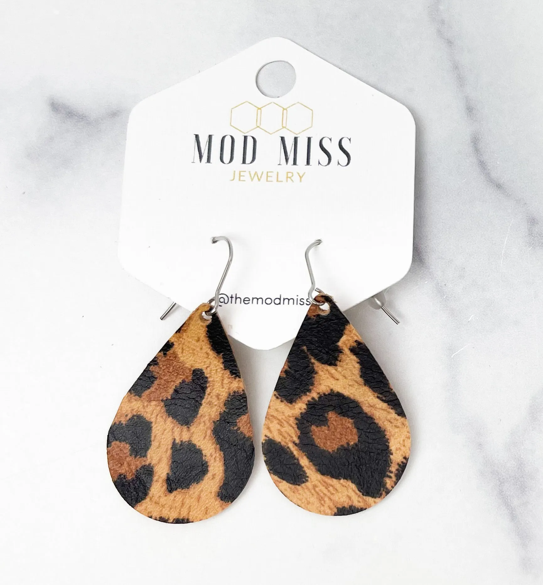 Leather Teardrop Earring Leopard Tawny