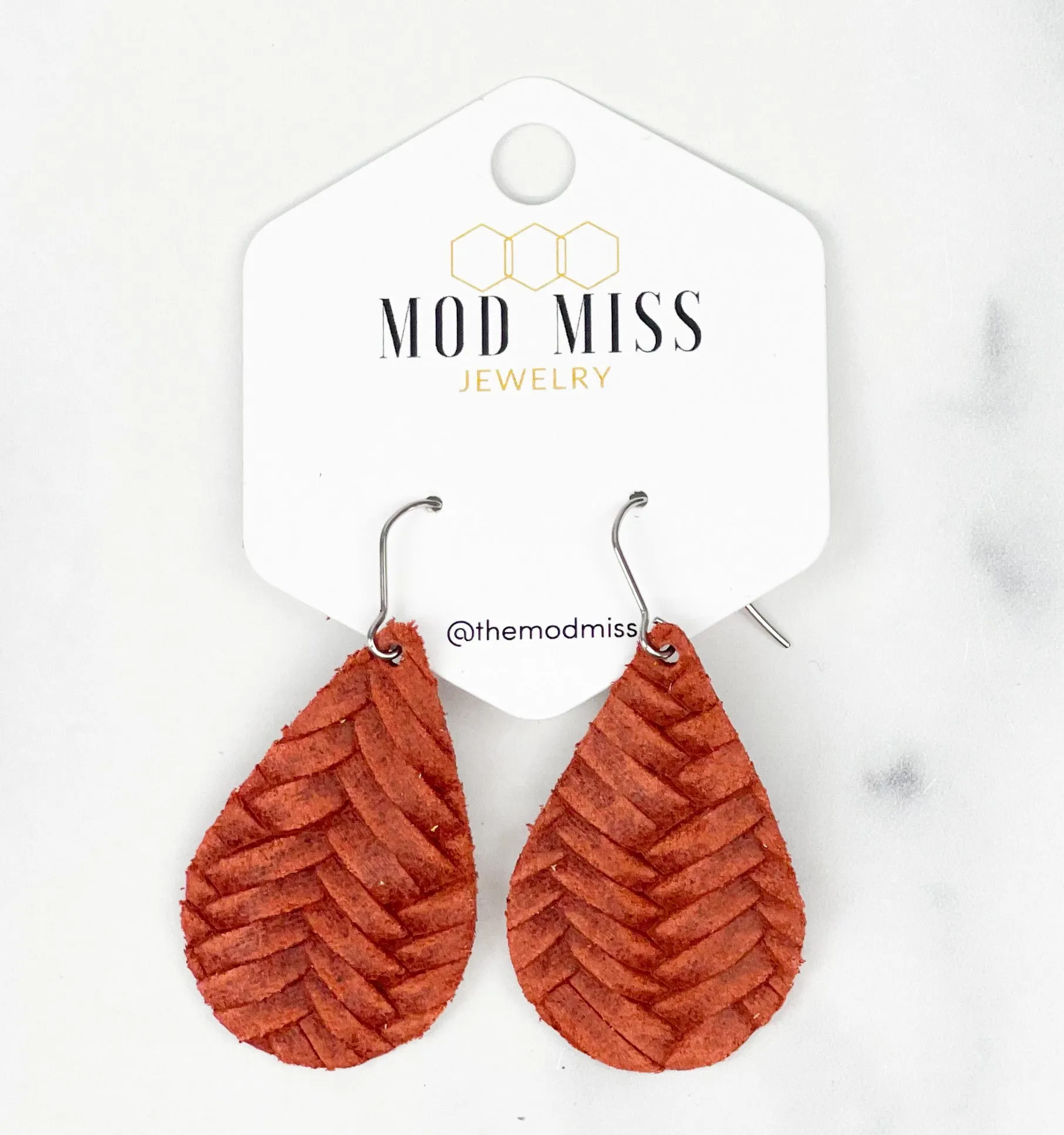 Leather Teardrop Earring Weaved Rust