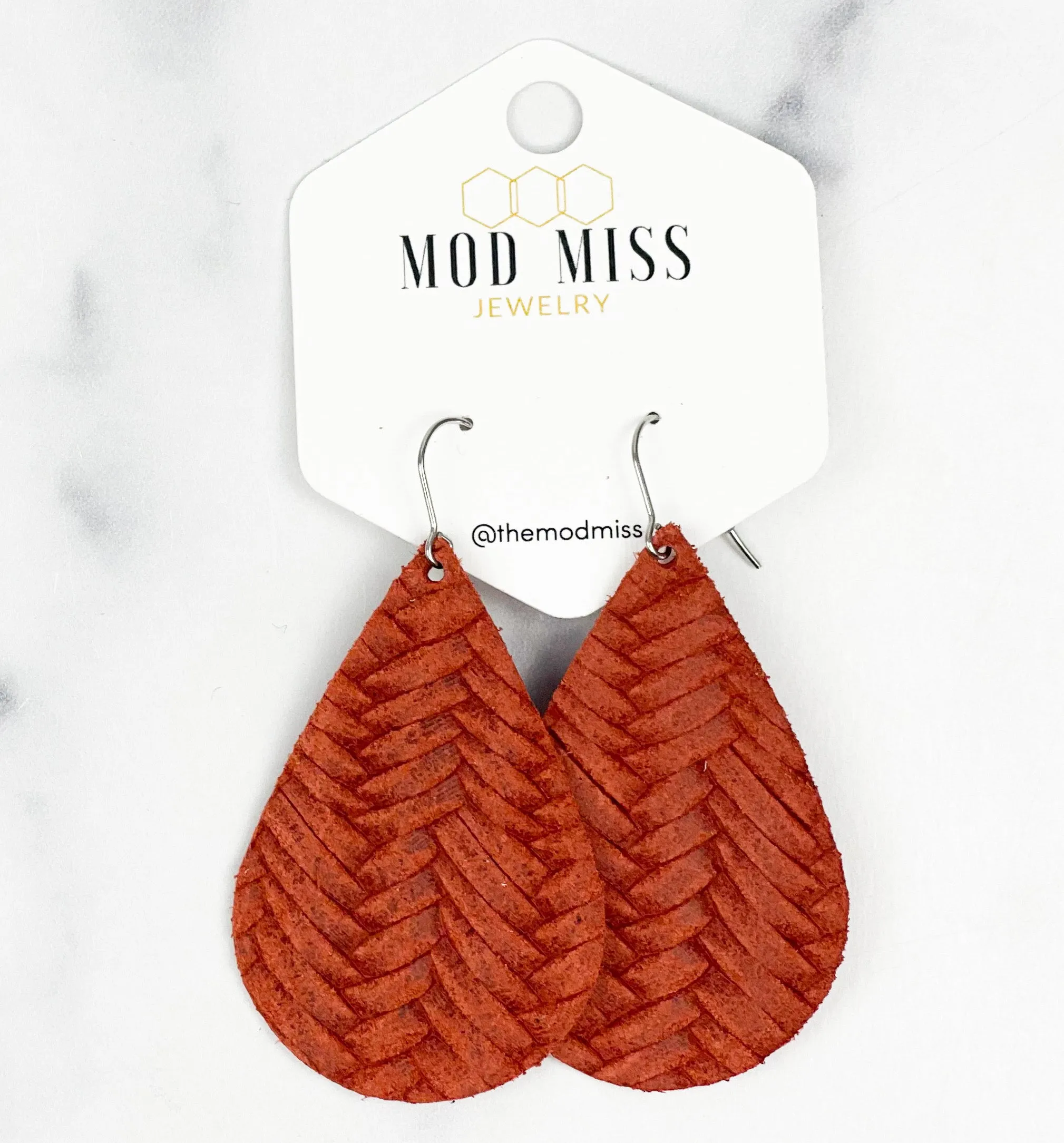 Leather Teardrop Earring Weaved Rust