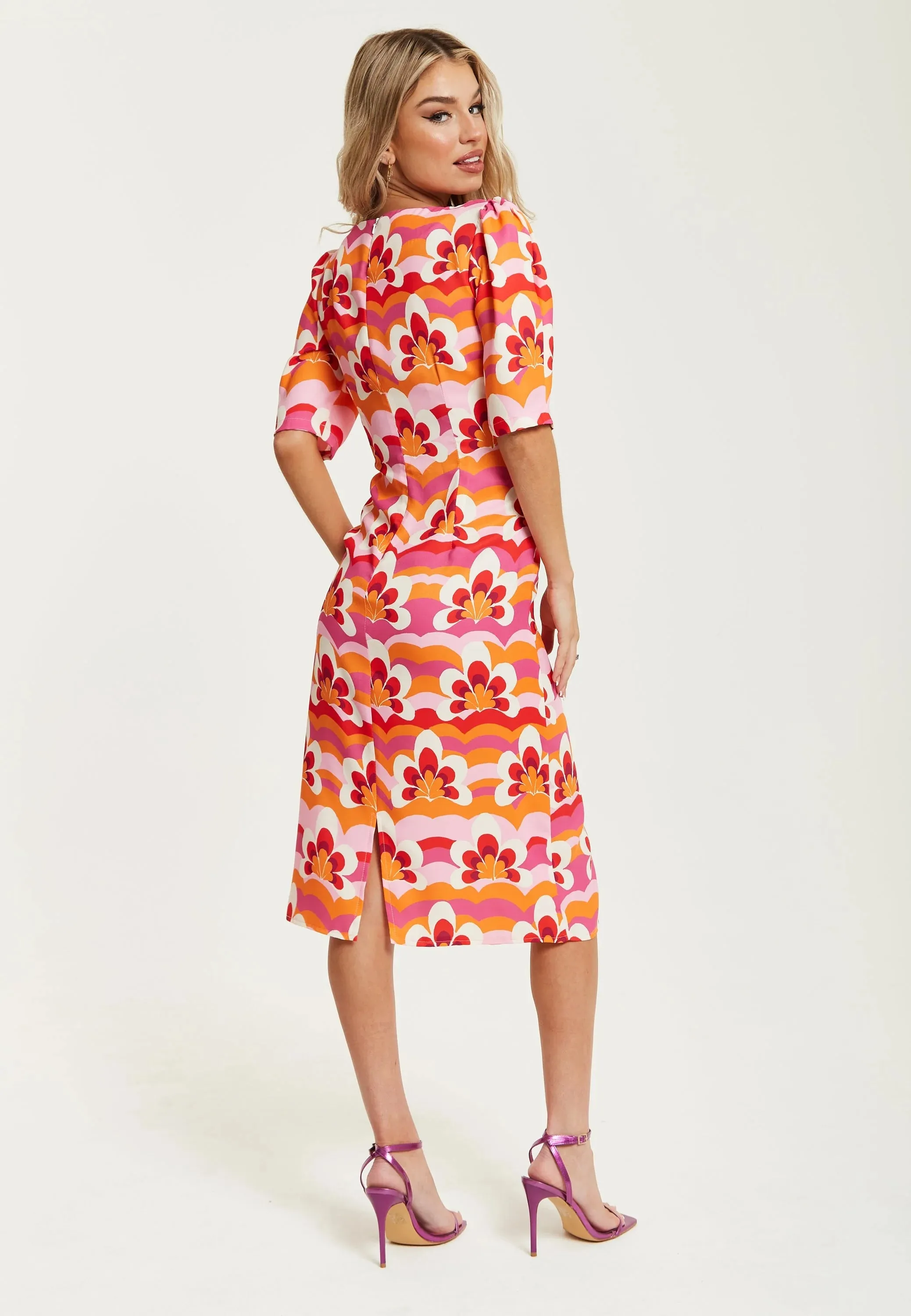 Liquorish Floral Knot Front Midi Dress In Orange And Pink