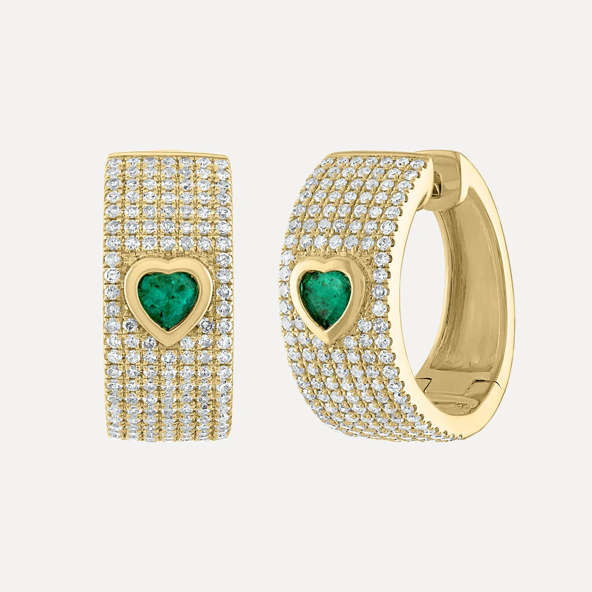 Multi Row Diamond Huggie Earrings with Emerald Heart