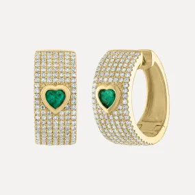 Multi Row Diamond Huggie Earrings with Emerald Heart