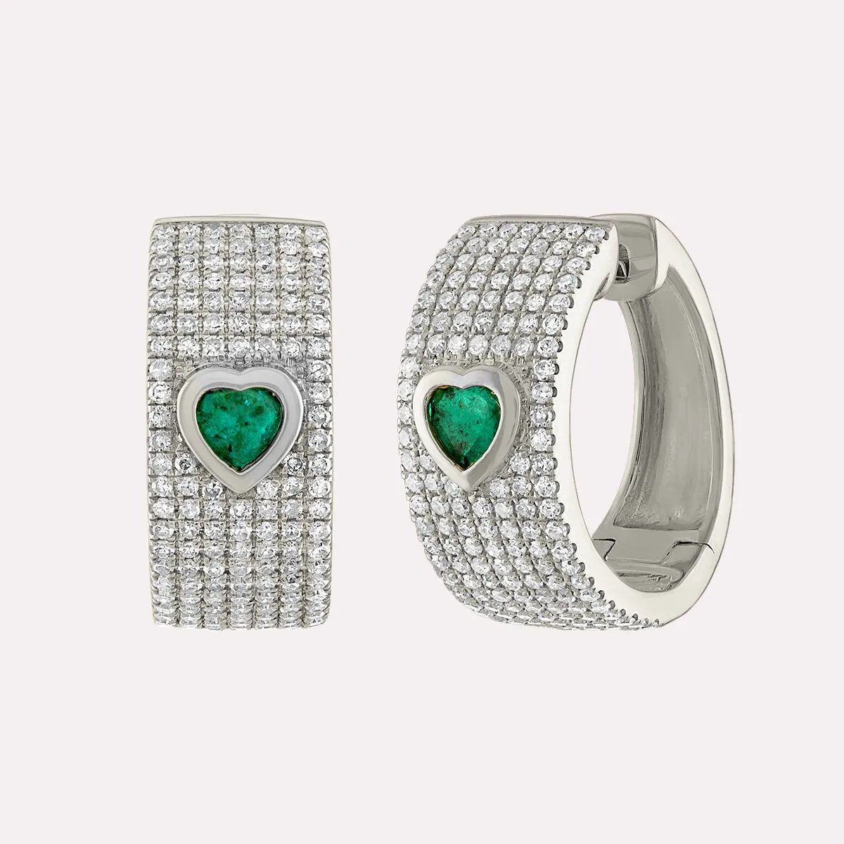 Multi Row Diamond Huggie Earrings with Emerald Heart