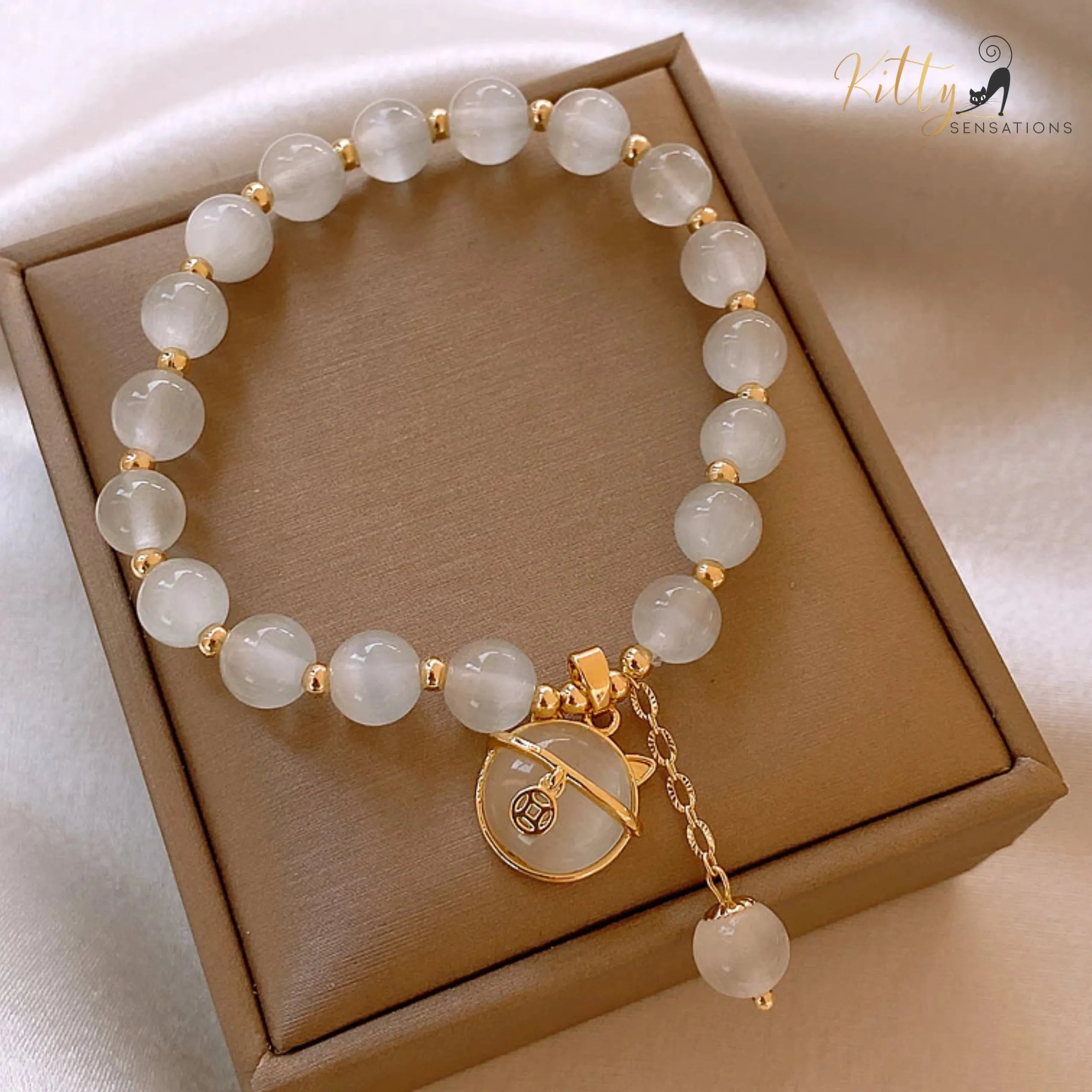 Natural Opal with Golden Beads and Kitty Face Charm Bracelet