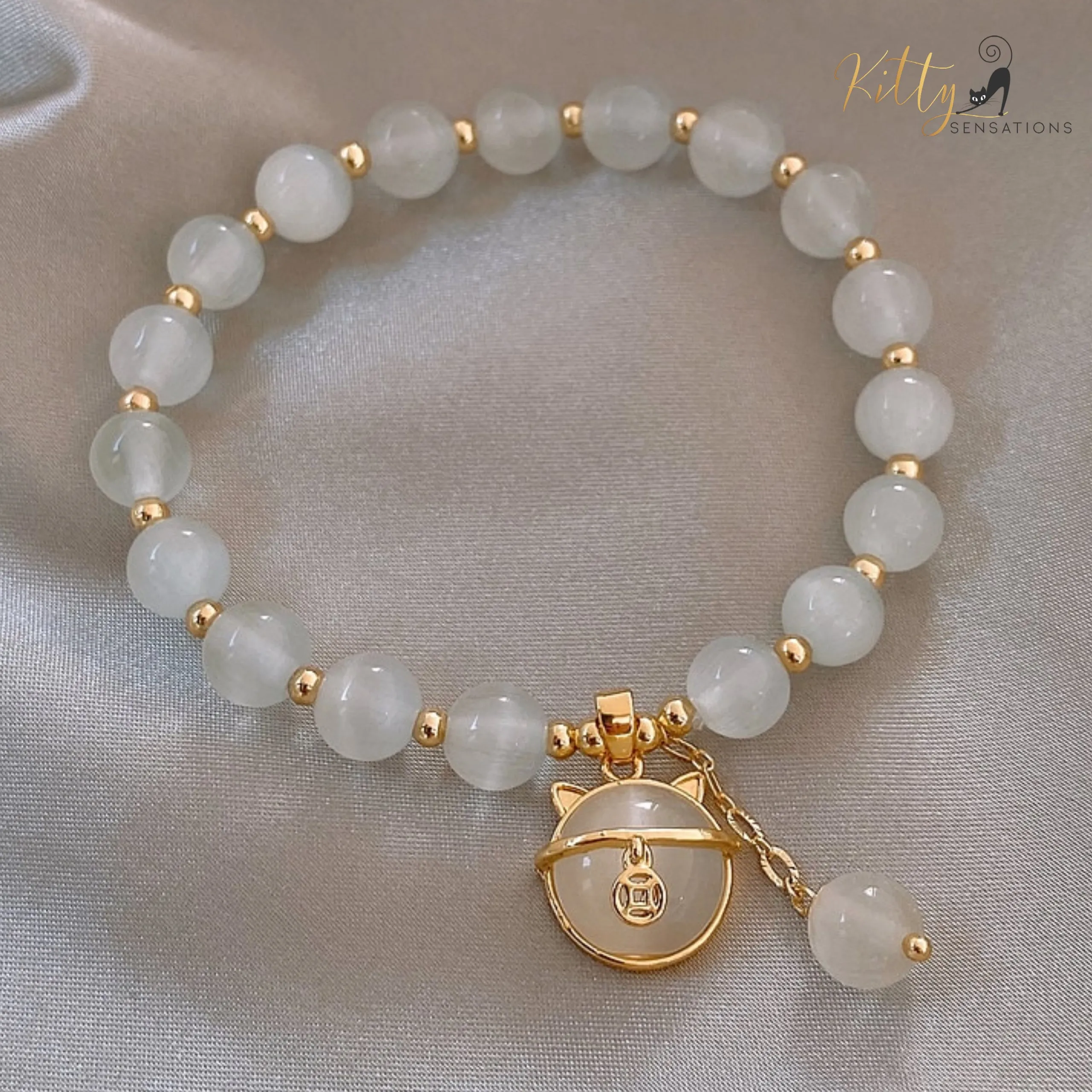 Natural Opal with Golden Beads and Kitty Face Charm Bracelet