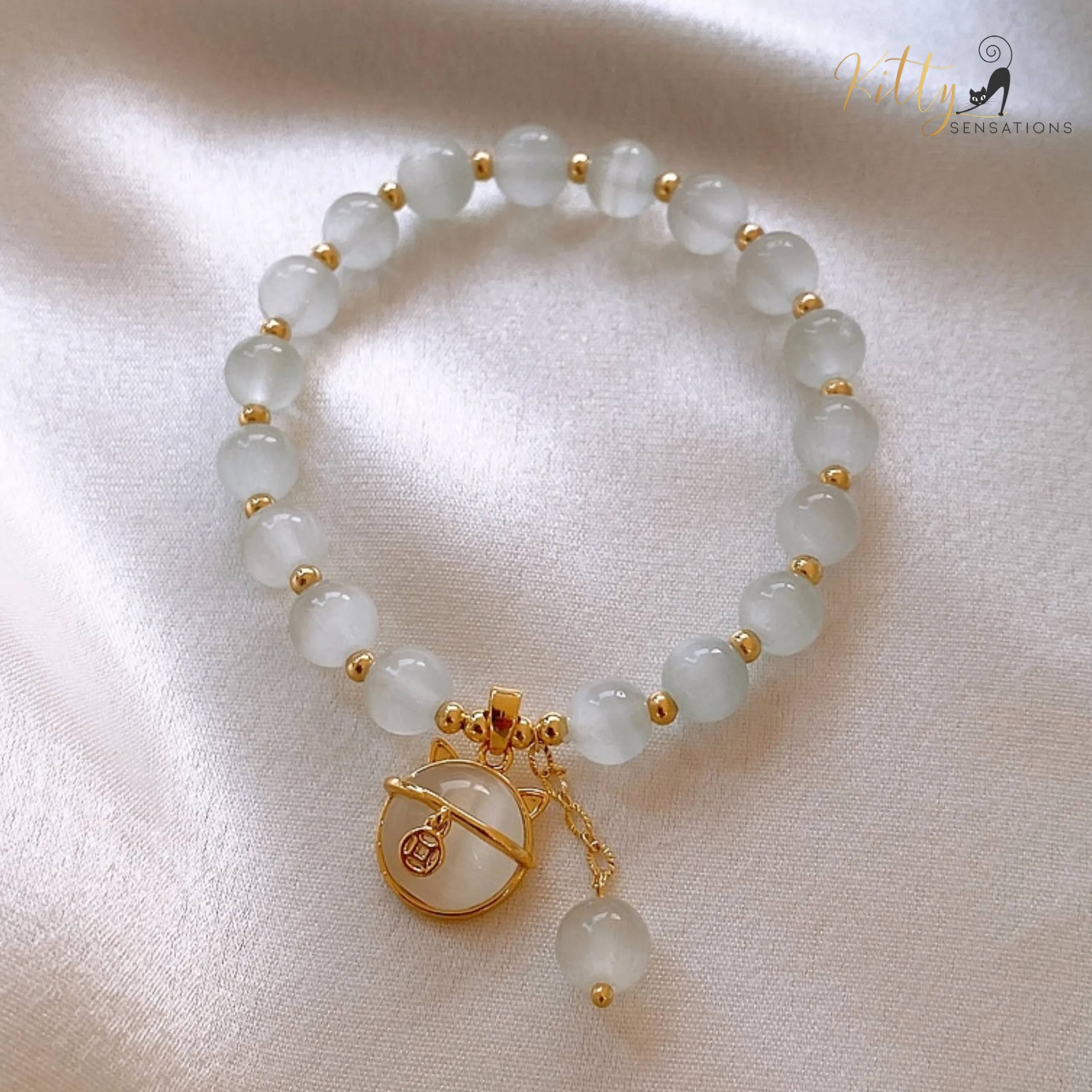 Natural Opal with Golden Beads and Kitty Face Charm Bracelet