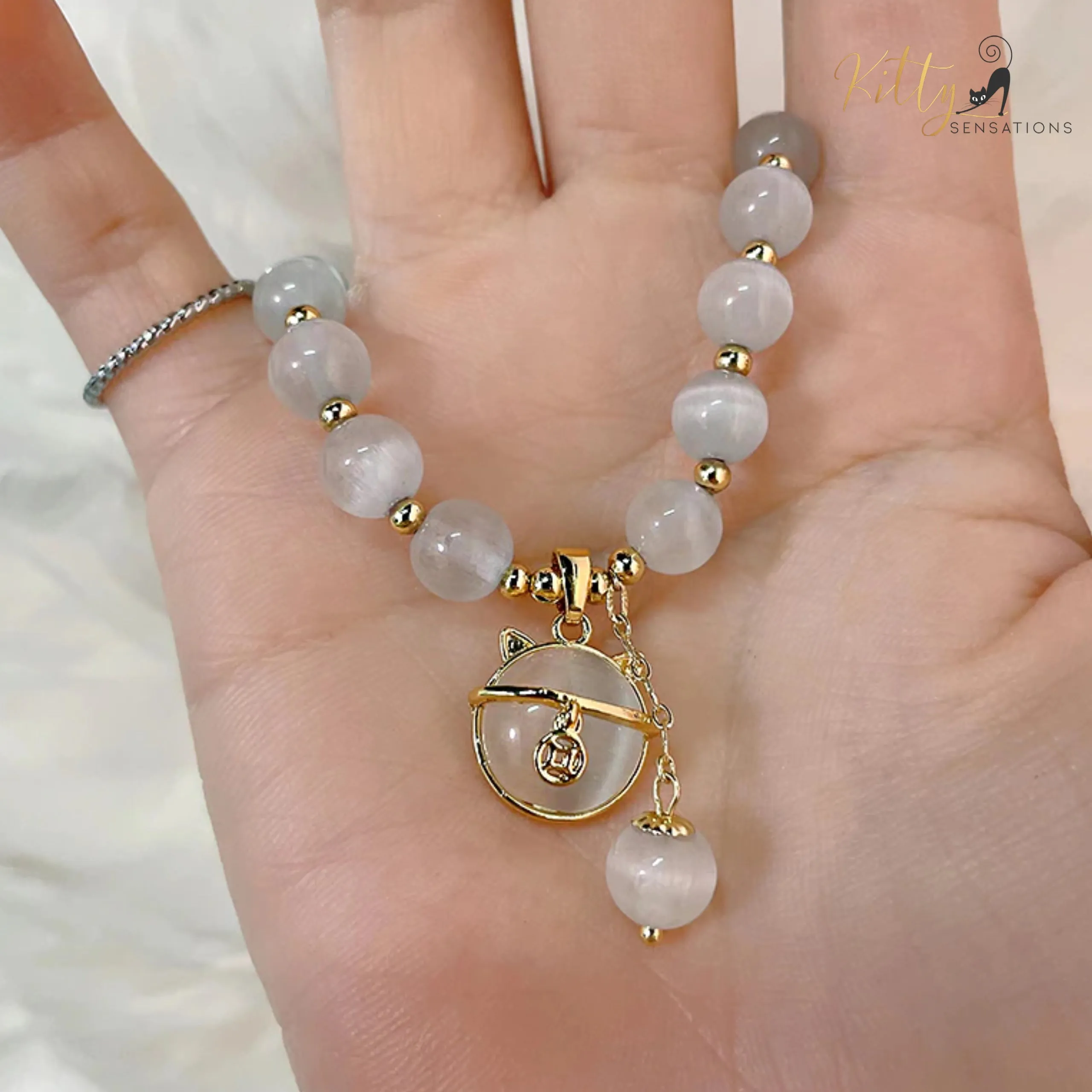 Natural Opal with Golden Beads and Kitty Face Charm Bracelet