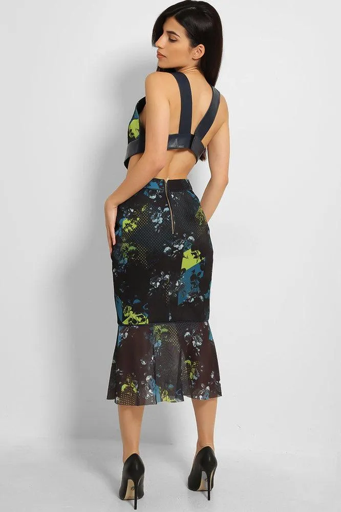 Navy Teal Dimple Floral Print Mesh Structured Skirt