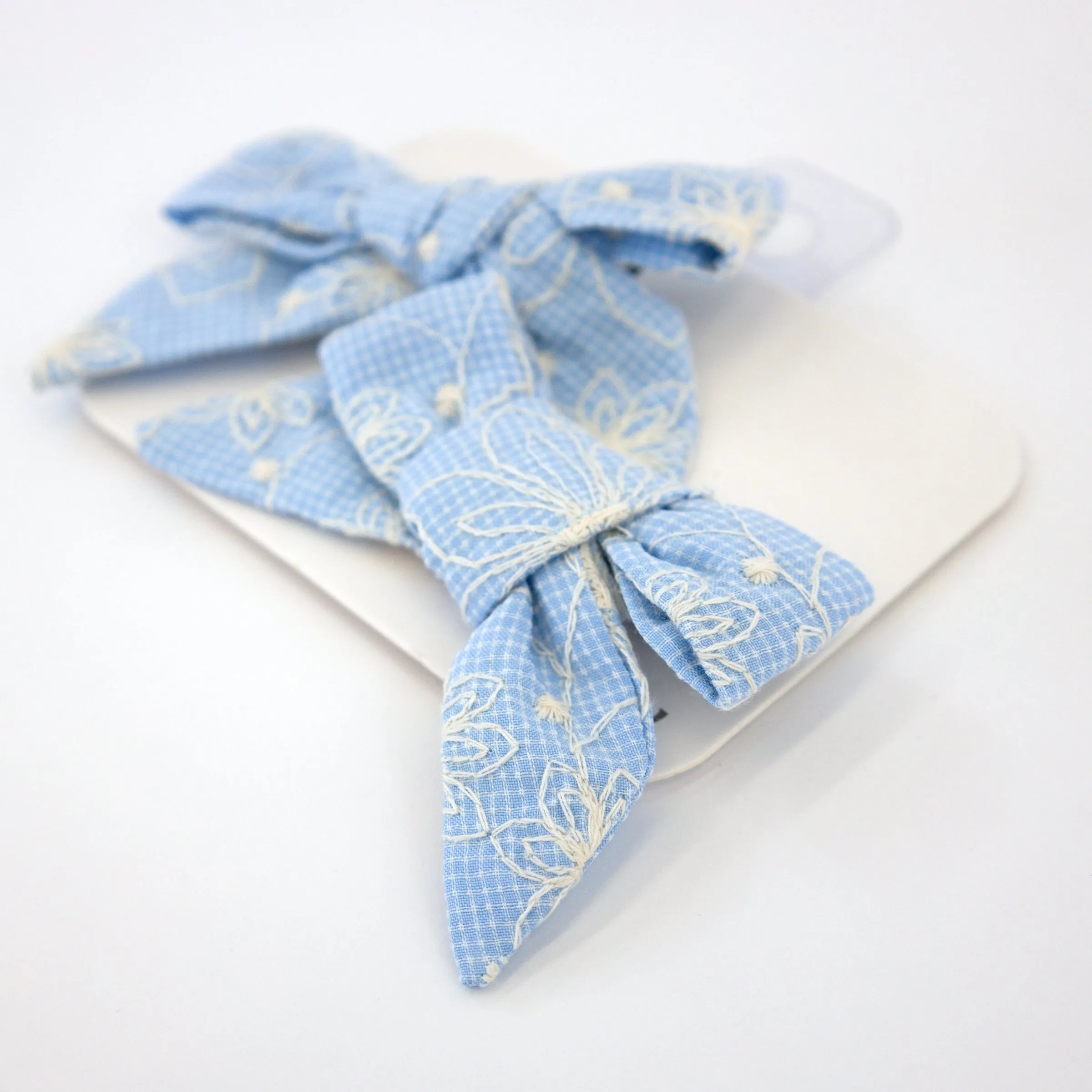 oh baby! Hair Bow Clip - Embroidered Flower - Sky Blue