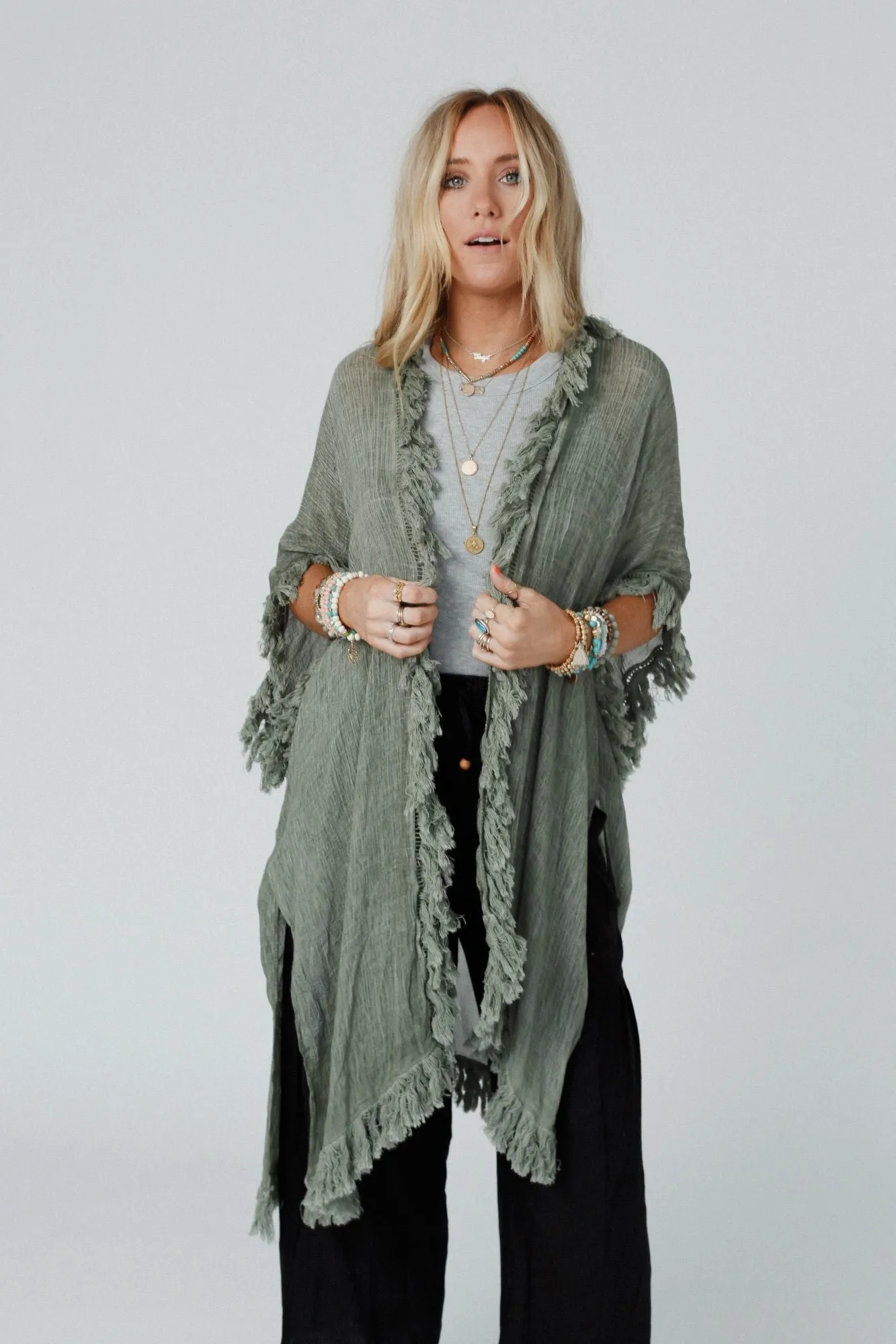 On The Edge Fringe Kimono - Olive