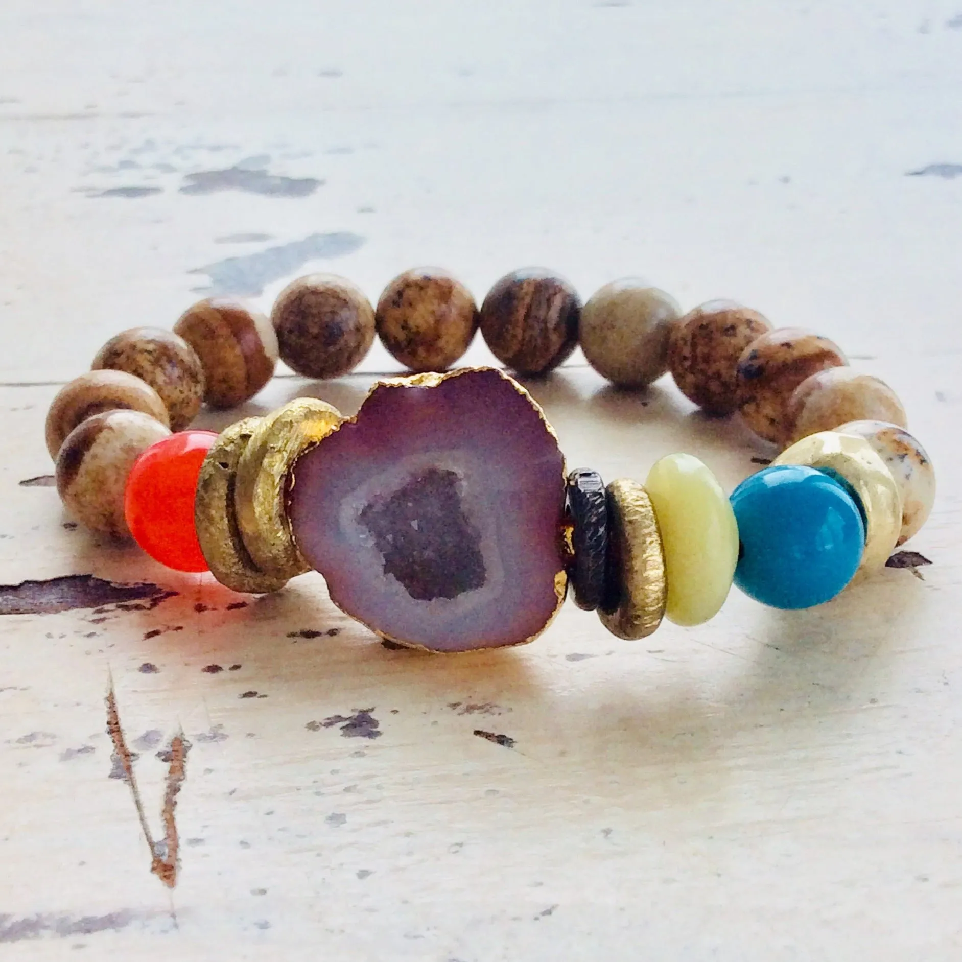 Orange Druzy Quartz Bracelet Natural Jasper Bracelet, Turquoise Mala Yoga Gift