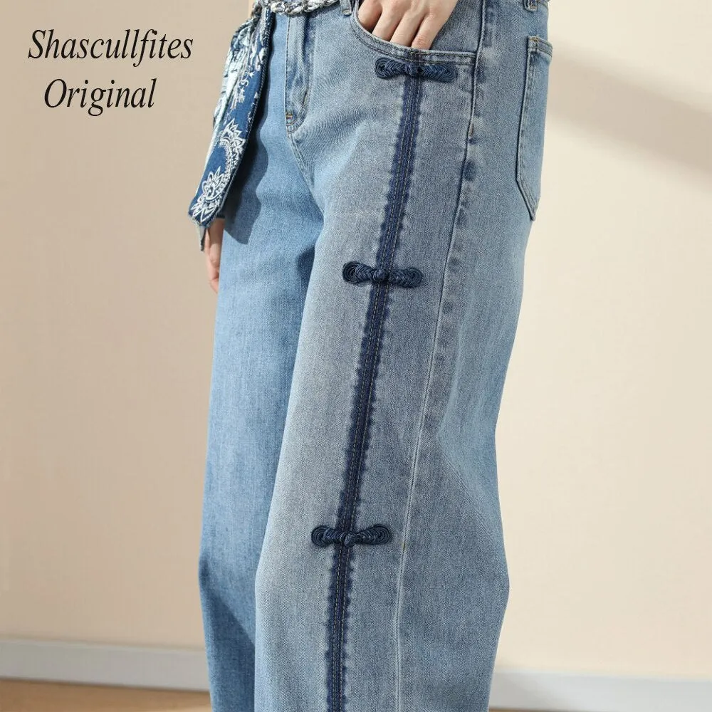 Original Woman New High Street Buttons Split Wide Leg Straight Jeans Women Fashion Casual Pants Women's Jeans