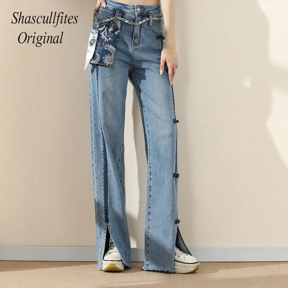 Original Woman New High Street Buttons Split Wide Leg Straight Jeans Women Fashion Casual Pants Women's Jeans