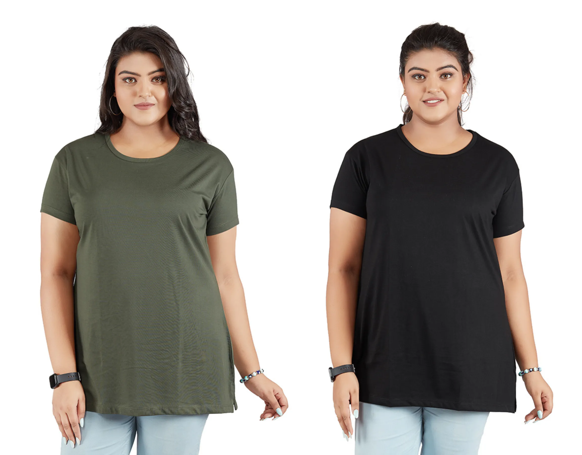 Plus Size Plain Cotton T-Shirts For Women Pack of 2 (Black & Olive Green)