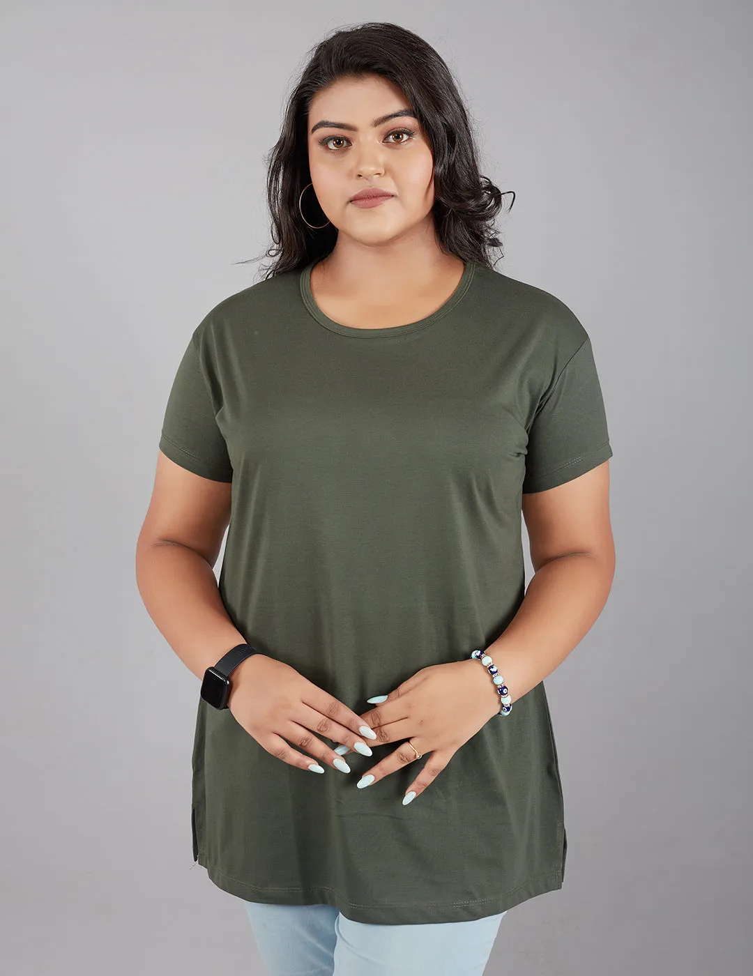 Plus Size Plain Cotton T-Shirts For Women Pack of 2 (Black & Olive Green)