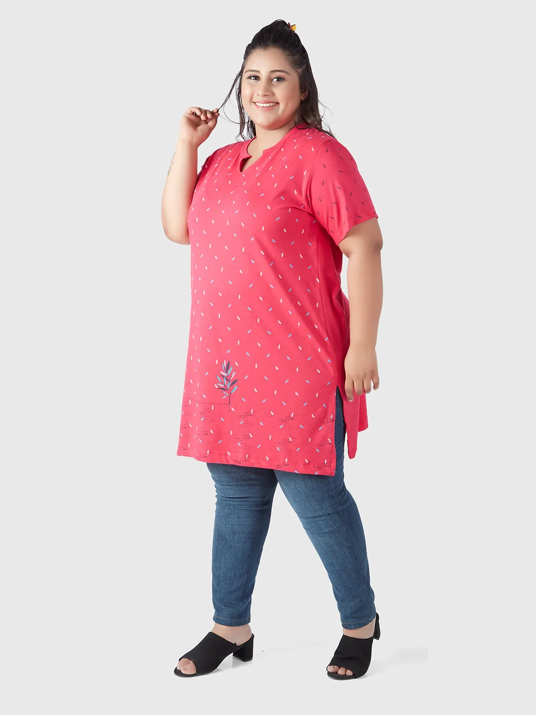 Plus Size Printed Long Tops For Women Half Sleeves - Pink