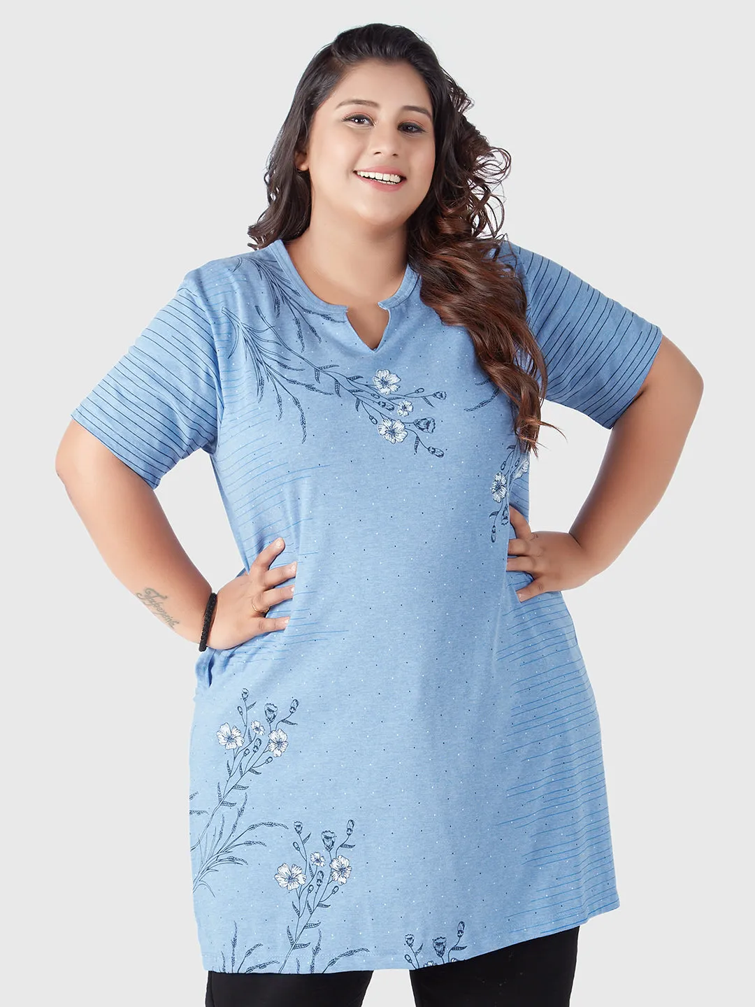 Plus Size Printed Long Tops For Women Half Sleeves T-shirts - Sky Blue