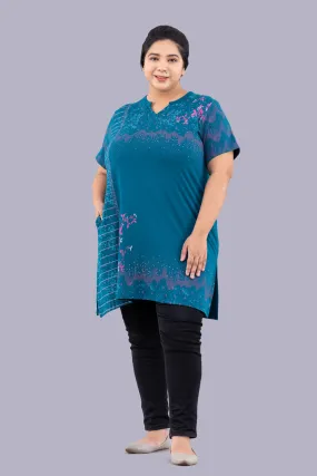 Plus Size Printed Long Tops For Women Half Sleeves - Teal Blue