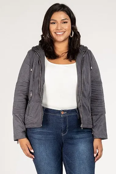 Plus Size Women's Faux Suede Jacket with Detachable Hoodie