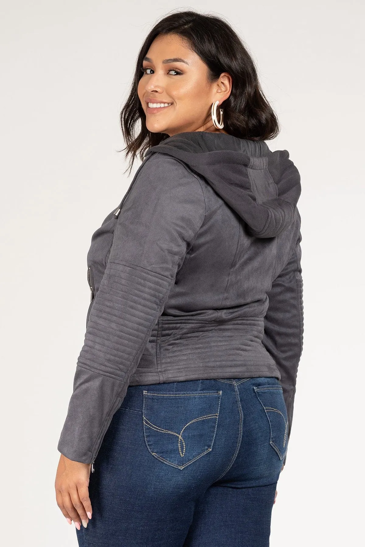 Plus Size Women's Faux Suede Jacket with Detachable Hoodie