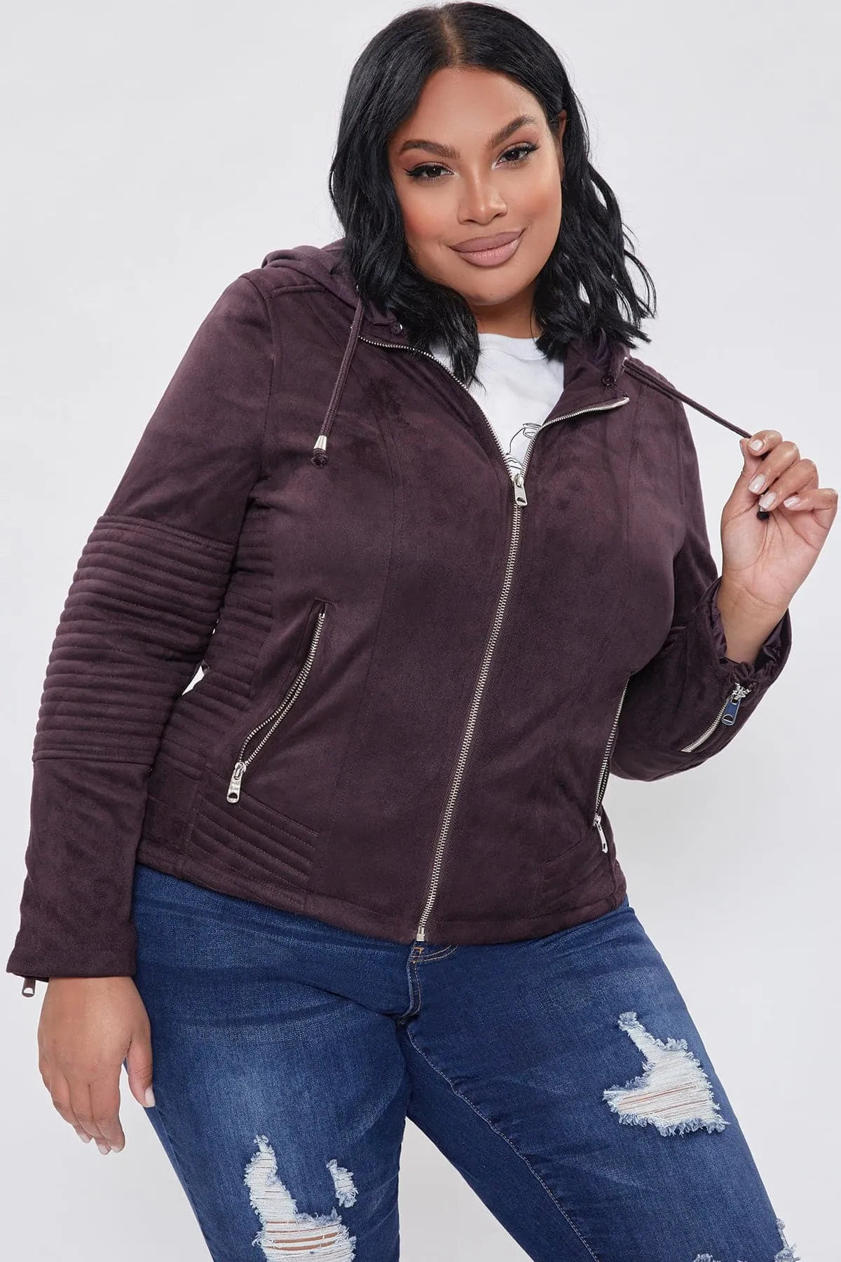 Plus Size Women's Faux Suede Jacket with Detachable Hoodie