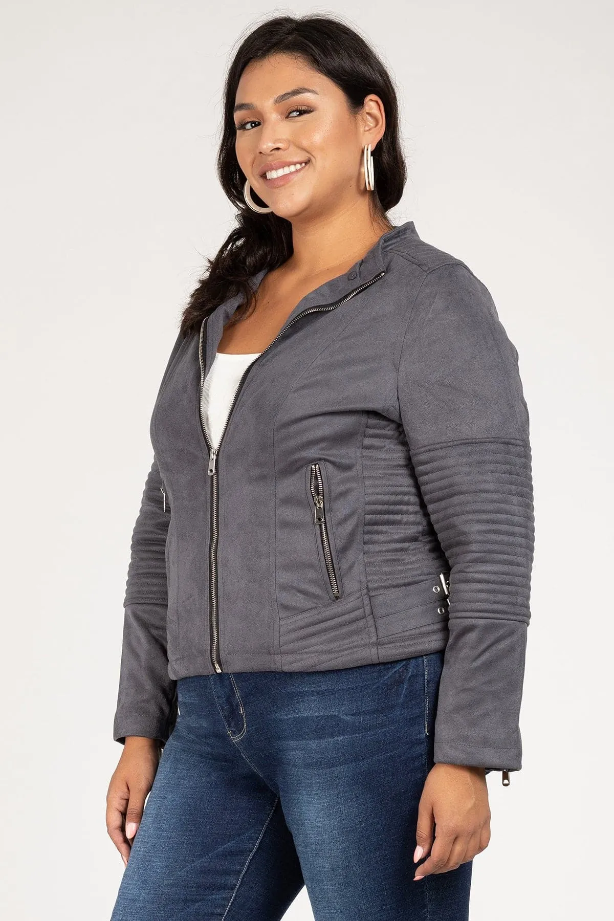 Plus Size Women's Faux Suede Jacket with Detachable Hoodie