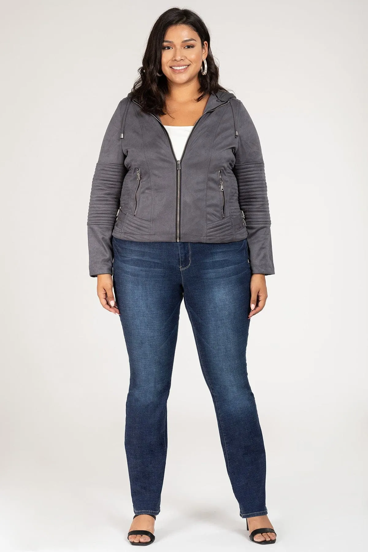 Plus Size Women's Faux Suede Jacket with Detachable Hoodie