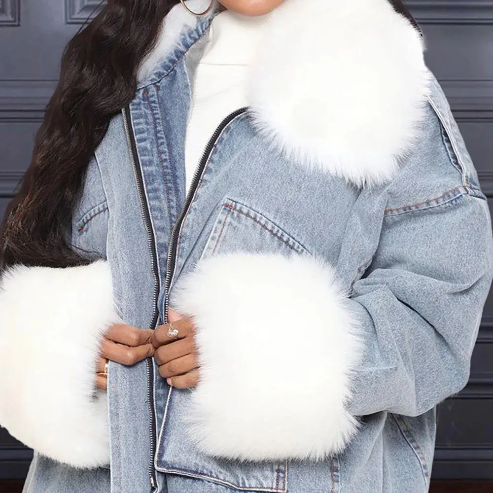 Plus Size Women's Plus Velvet Coat Light Blue Denim Long Sleeve Fur Warm Winter Zipper Casual Coat