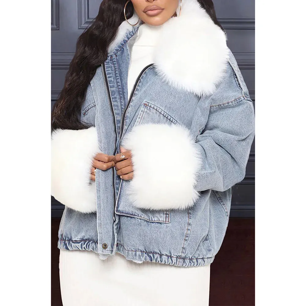 Plus Size Women's Plus Velvet Coat Light Blue Denim Long Sleeve Fur Warm Winter Zipper Casual Coat