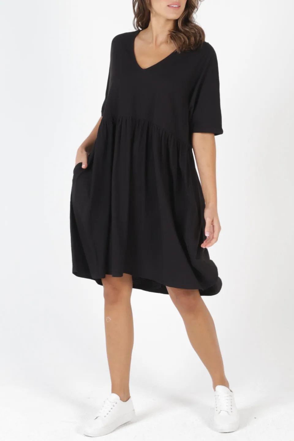 Portsea Cotton Shift SS Black Mini Dress