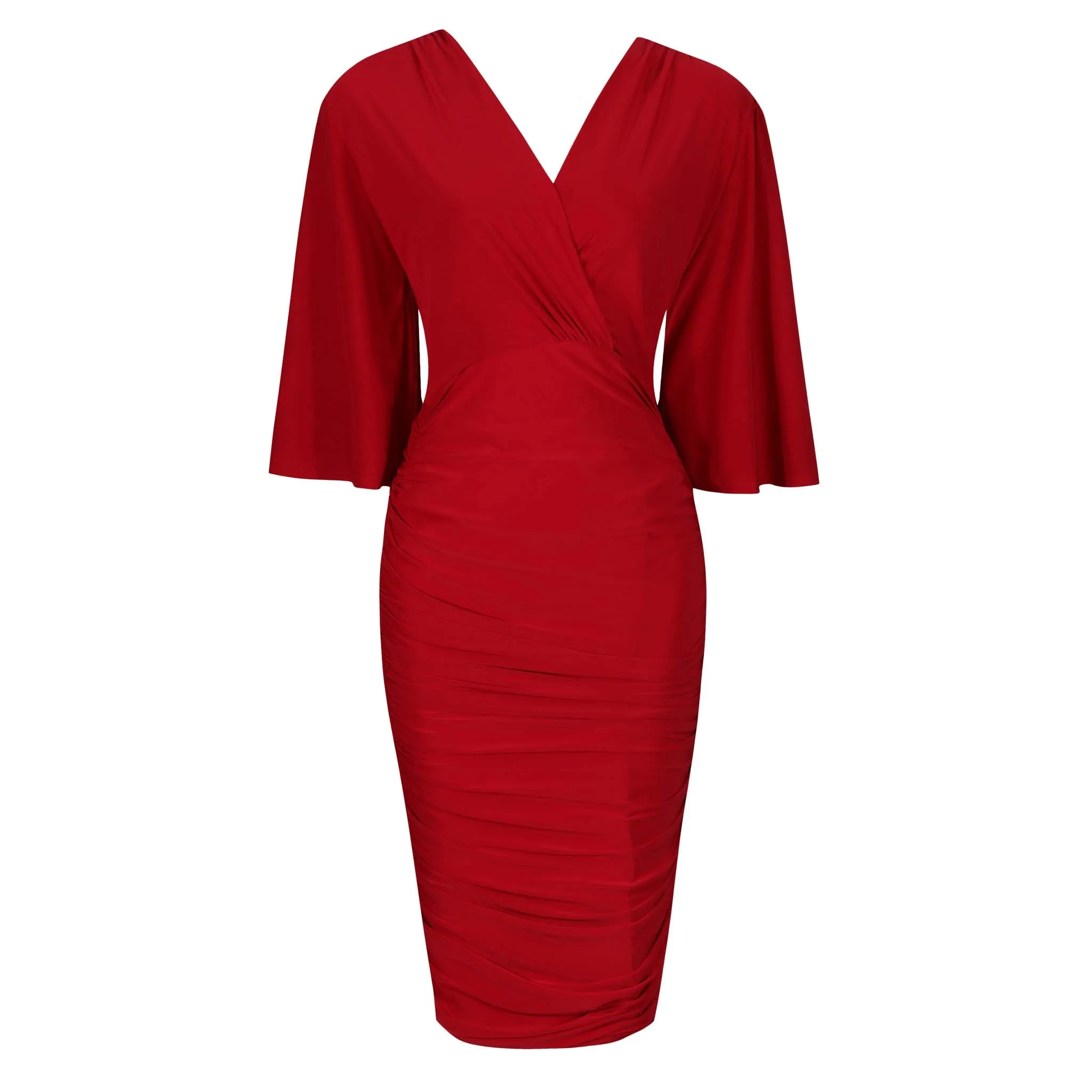 Red 3/4 Waterfall Sleeve Slinky Wrap Over Midi Dress