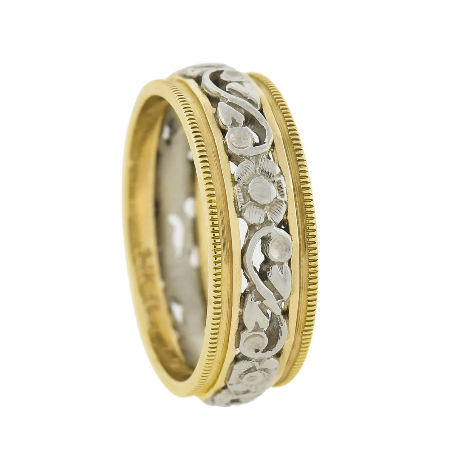 Retro 14kt Yellow   White Gold Mixed Metals Carved Floral Band