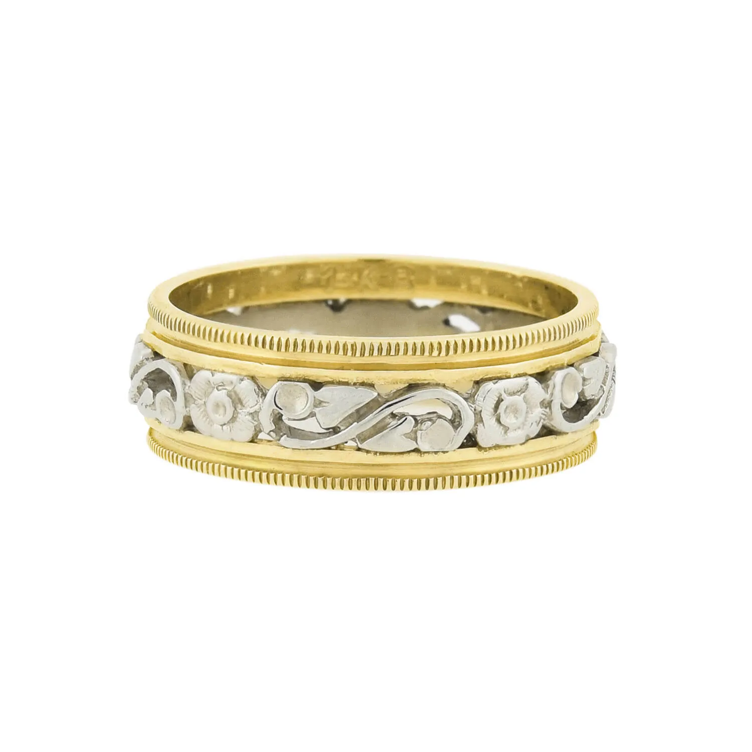 Retro 14kt Yellow   White Gold Mixed Metals Carved Floral Band