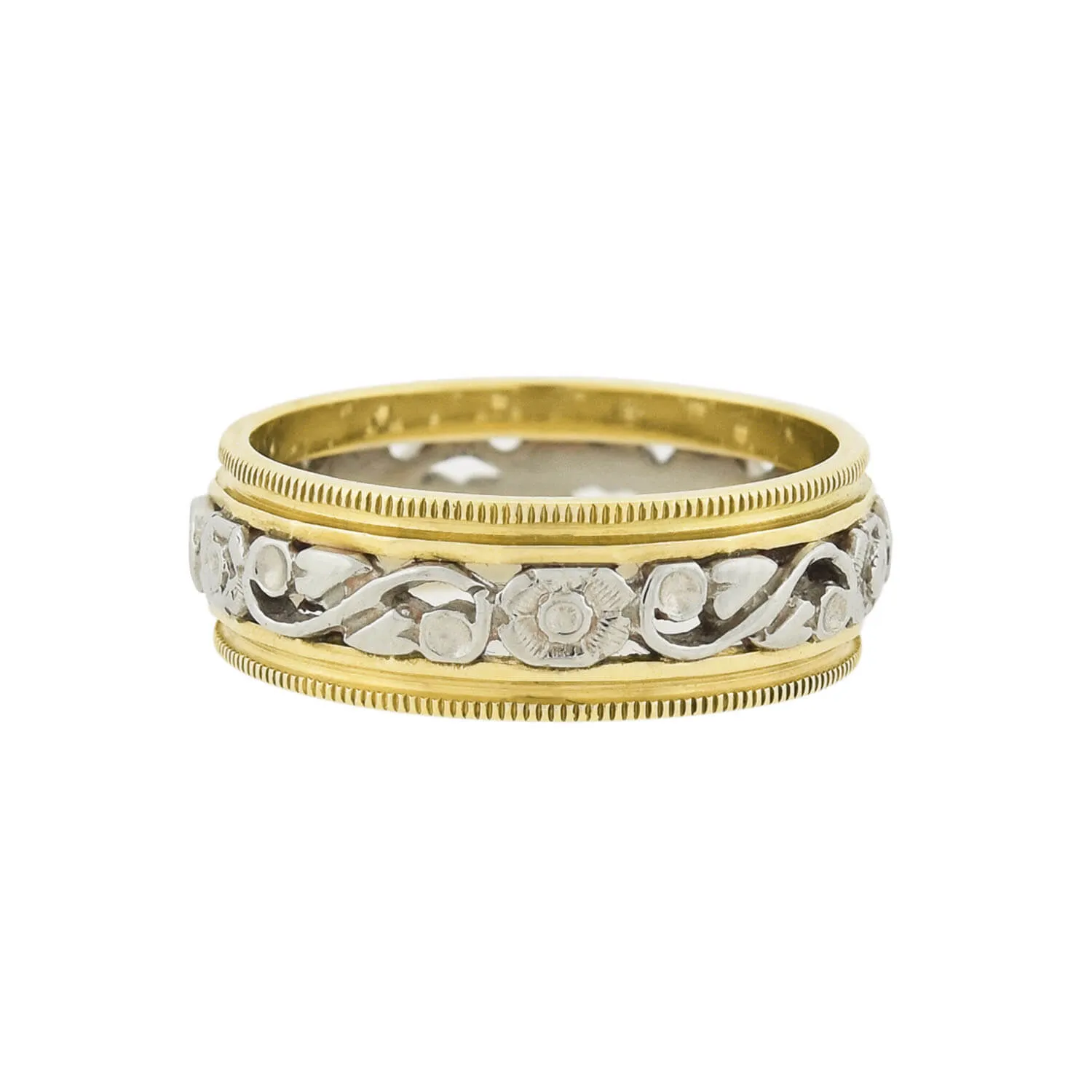 Retro 14kt Yellow   White Gold Mixed Metals Carved Floral Band