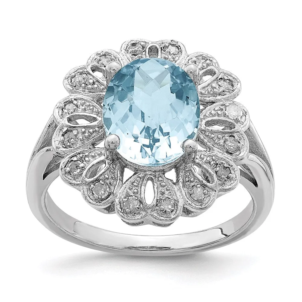 Rhodium Diamond & Checker-Cut Sky Blue Topaz Ring in Sterling Silver