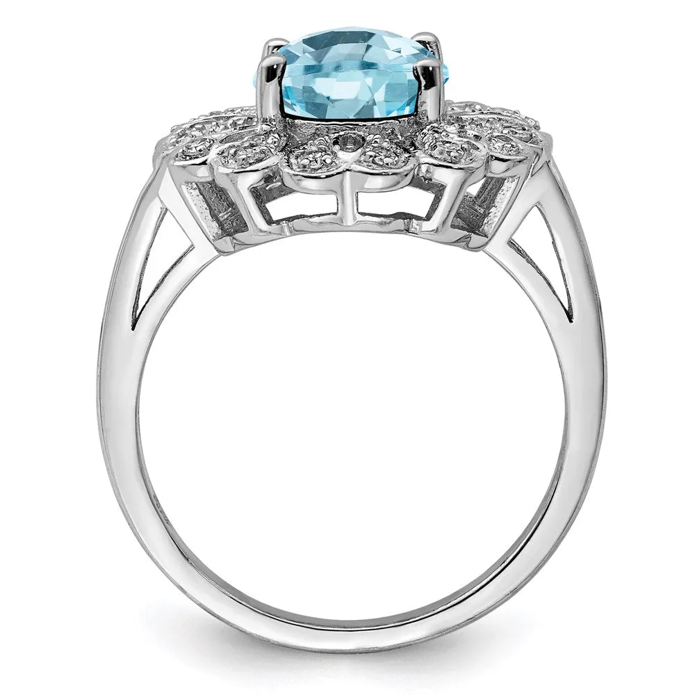 Rhodium Diamond & Checker-Cut Sky Blue Topaz Ring in Sterling Silver