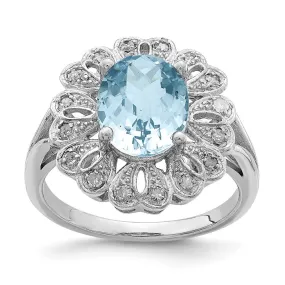 Rhodium Diamond & Checker-Cut Sky Blue Topaz Ring in Sterling Silver