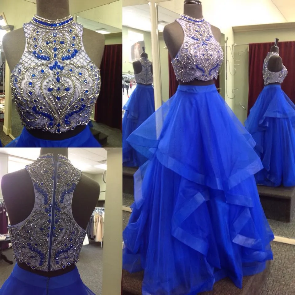 Royal Blue Two Piece Beaded Bodice Tulle Skirt Ball Gown Halter Sleeveless Prom Dresses