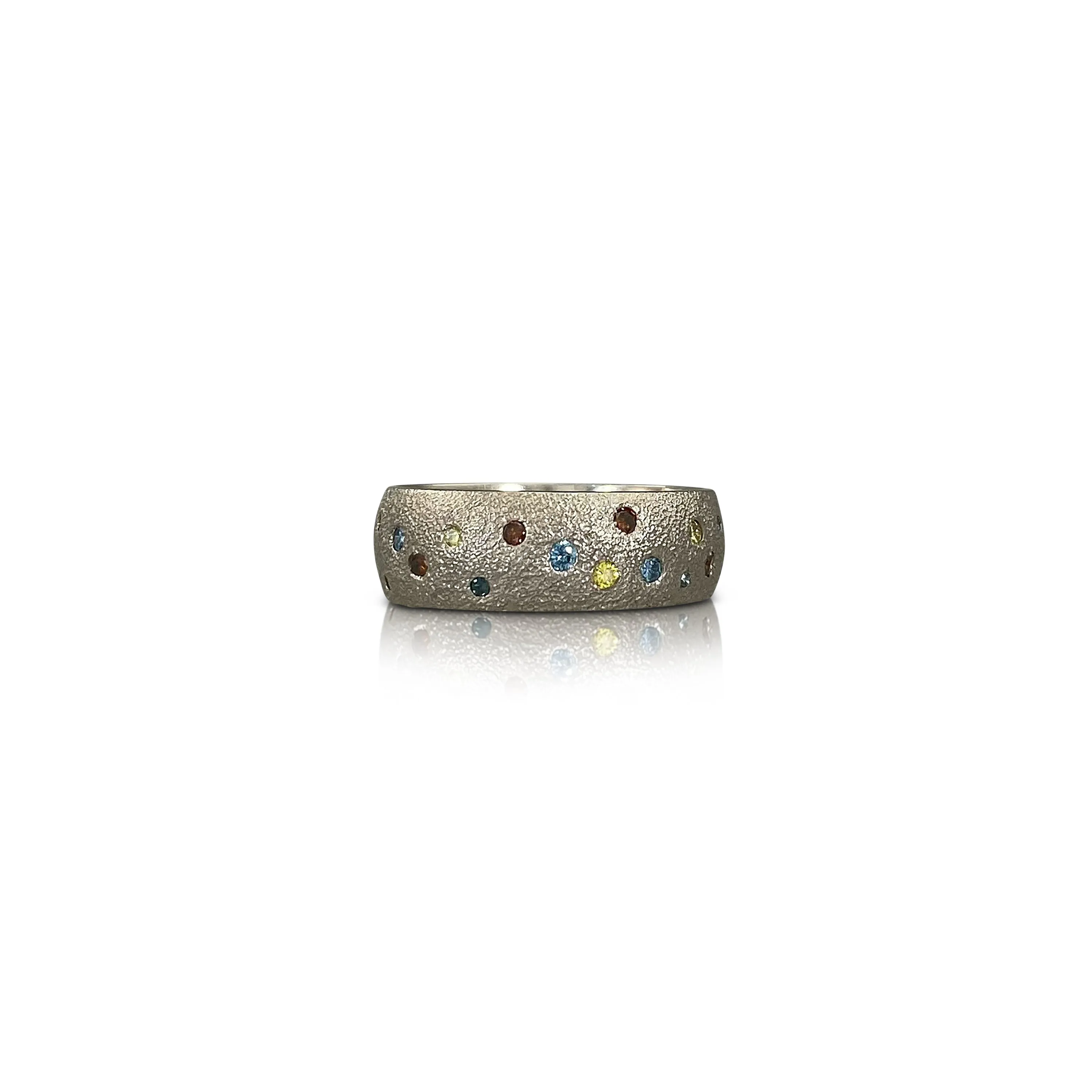 Sprinkle Band in Hammered Palladium White Gold with Multi Colored Diamonds