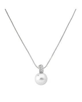 Sterling Silver Rhodium Plated Necklace for Women with Organic Pearl, 12mm Round White Pearl and Cubic Zirconia, 14.5/16.5 Length, Exquisite Collection