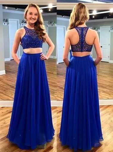 Stunning Two Piece Jewel Sleeveless Floor-Length Royal Blue Prom Dress with Beading