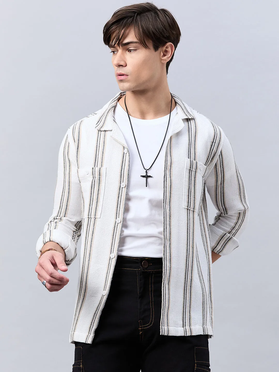 Style Quotient Mens Off white Stripe solid Shirt